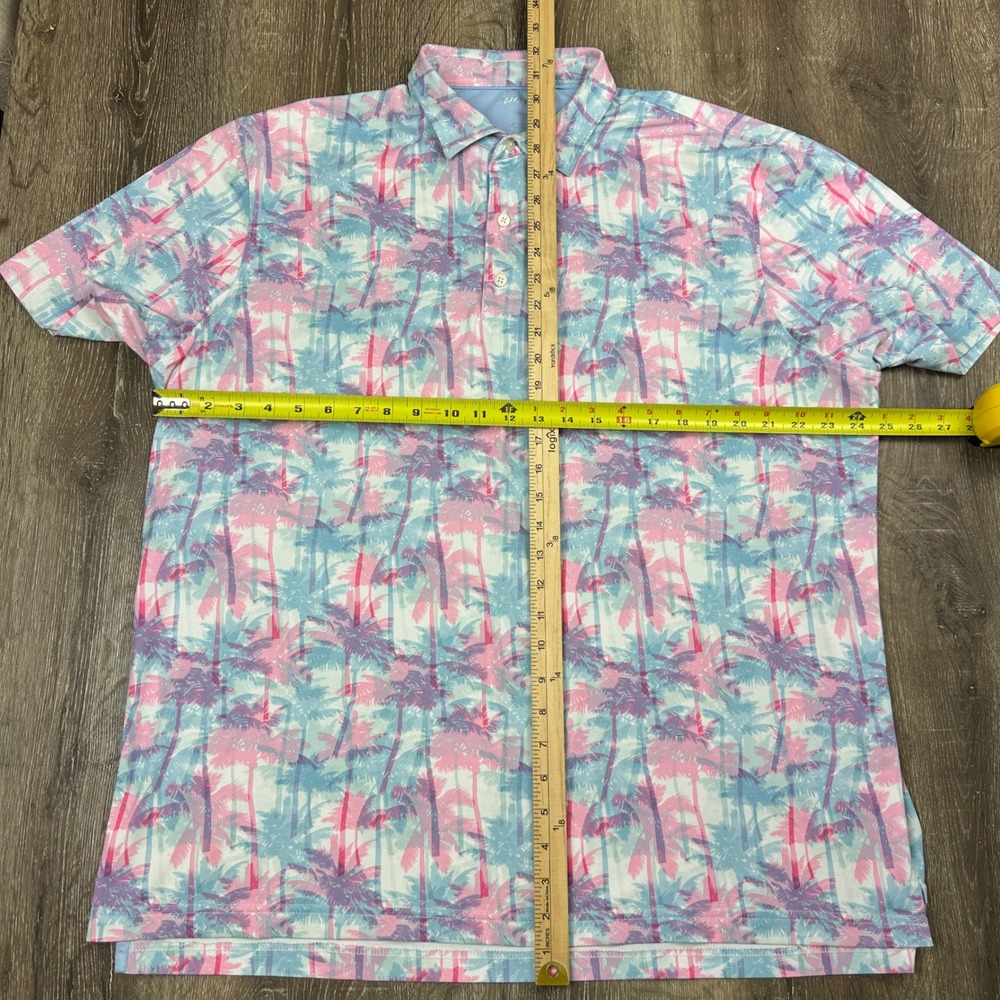 Johnnie O Golf Mens XL Polo Shirt Pink Blue Palm Tree Tropical Performance Pique - Picture 5 of 5